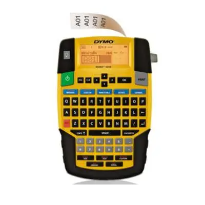 Kompaktowa drukarka etykiet DYMO Rhino 4200, idealna do pracy w terenie, wyposażona w intuicyjne klawisze skrótów i możliwość zapisywania etykiet w pamięci urządzenia