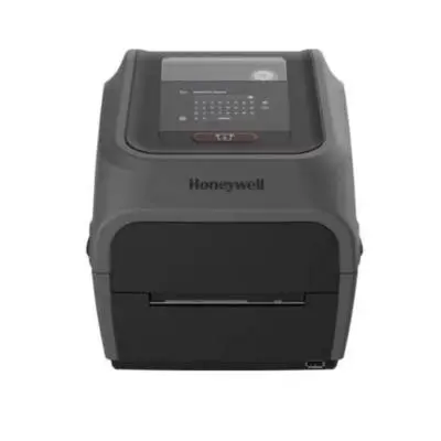 Drukarka etykiet Honeywell PC45 o nowoczesnym designie, kompaktowa obudowa z wyświetlaczem i różnorodnymi opcjami łączności.