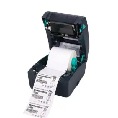 Drukarka etykiet TSC TC210 o prostym, solidnym wyglądzie, kompaktowa konstrukcja w białym kolorze z widocznymi przyciskami na panelu sterującym.
