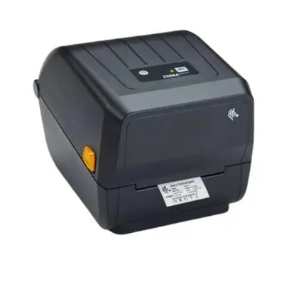 Drukarka etykiet Zebra ZD220 o kompaktowym kształcie, czarna obudowa z minimalistycznym designem i widocznym podajnikiem papieru.