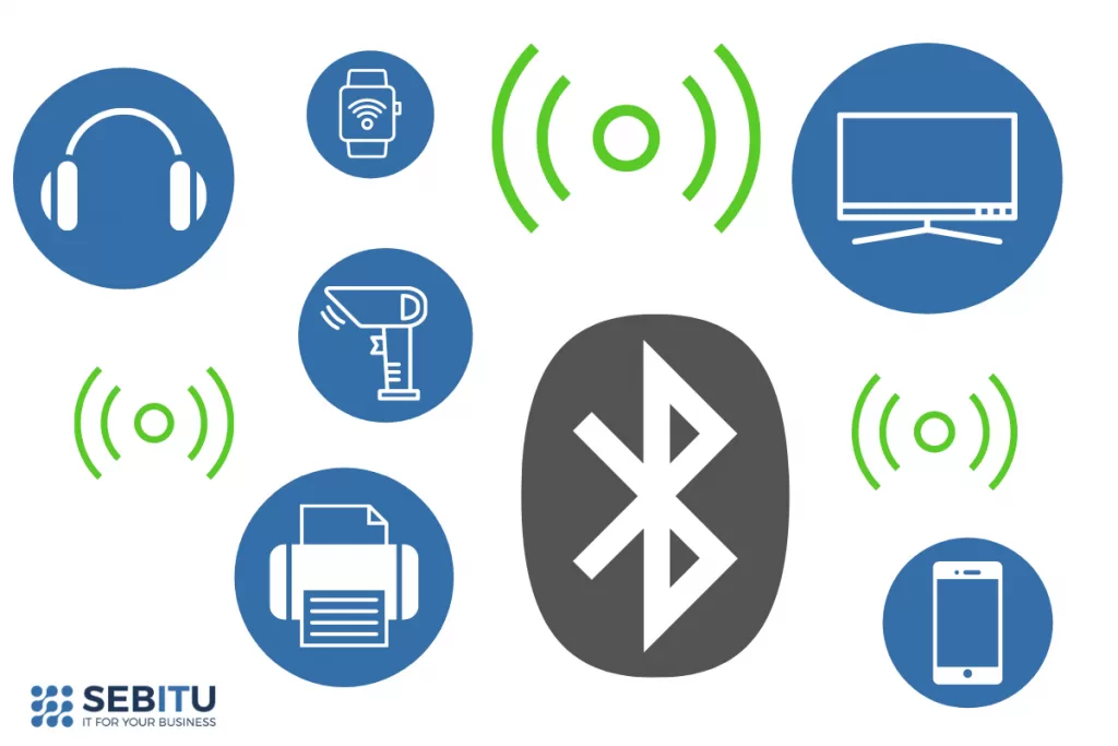 Infografika przedstawiająca urządzenia komunikujące się za pomocą Bluetooth, takie jak smartfony, laptopy i słuchawki bezprzewodowe