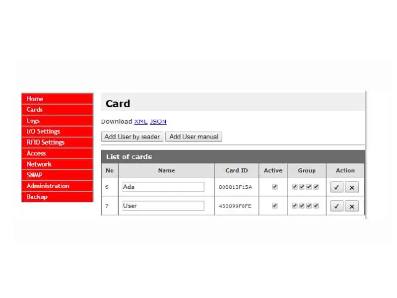 Interfejs programu do zarządzania kartami RFID umożliwiający dodawanie i usuwanie kart z poziomu przeglądarki internetowej