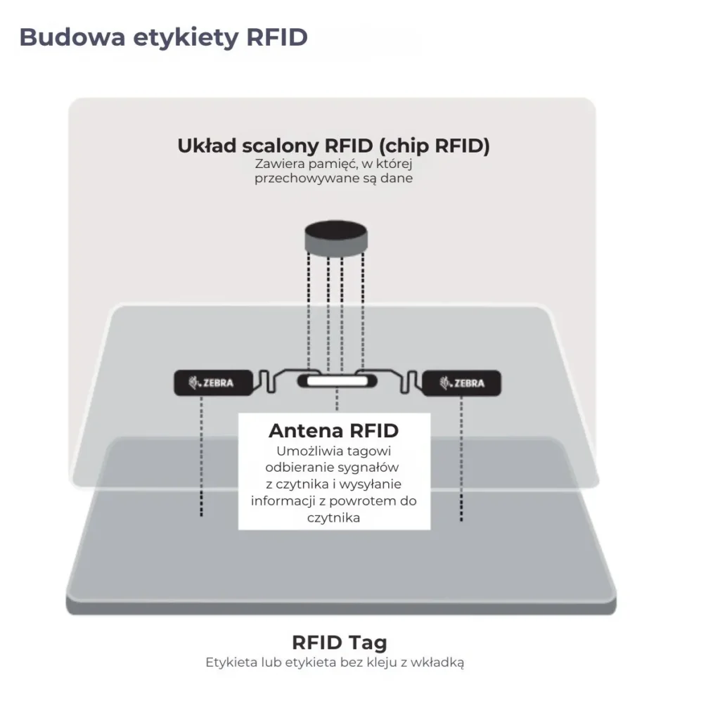 Schemat budowy etykiety RFID z zaznaczonym chipem RFID, anteną oraz warstwą etykiety.
